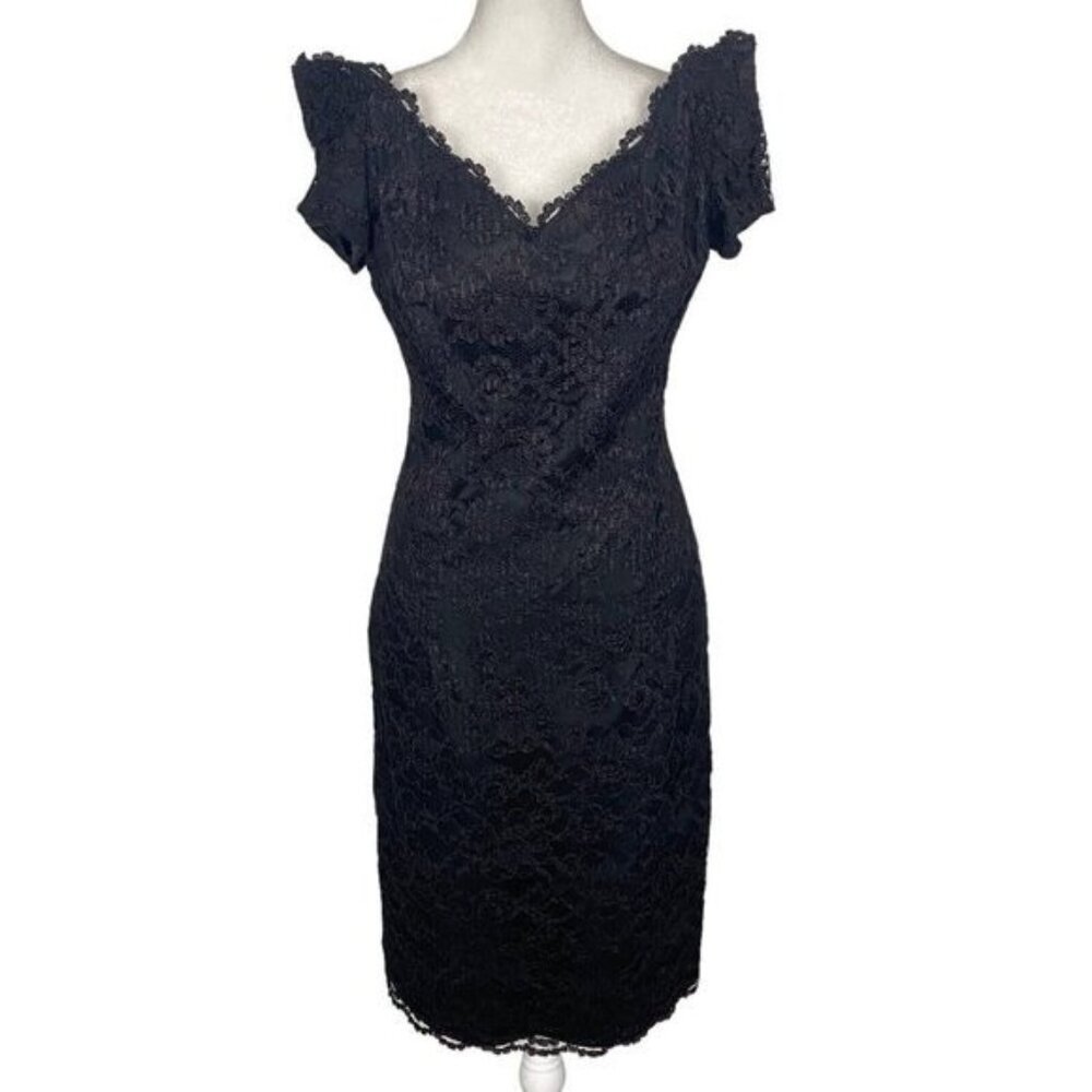 Vtg AMBRIA Women Sheath Dress Lace Overlay Sz 10 Black Purple Elegant 80s